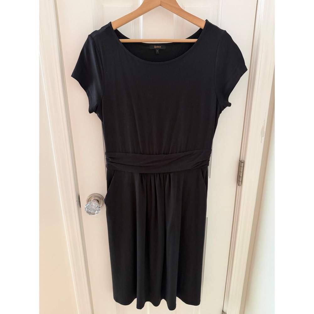 Quince Black Tencel Jersey Fit and Flare Dress Short Sleeve Midi Pockets Large